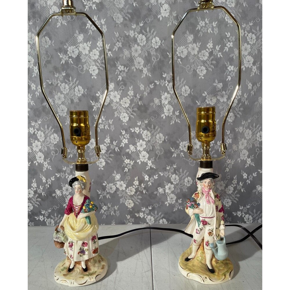 Antique Goebel German Porcelain Figural Boudoir Lamps 1890-1900’s Romance Chintz